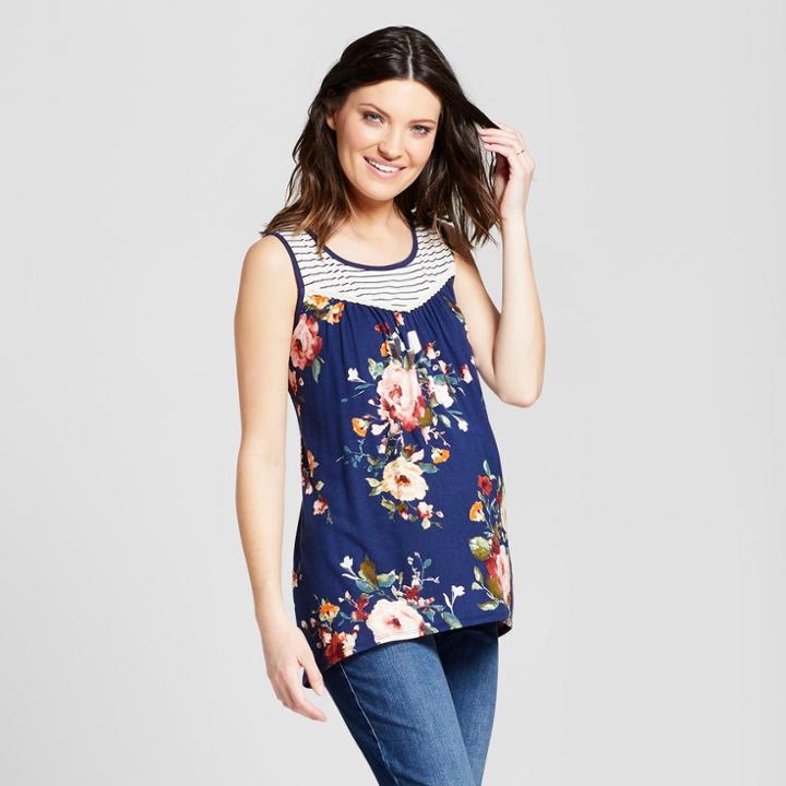 Macherie Maternity Floral Print Sleeveless Mixed Pattern Crochet Trim Top - Ma Cherie Navy L, Women's, Blue