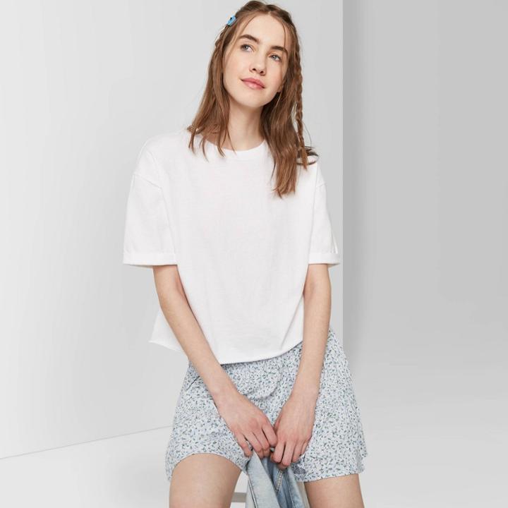 Women's Rolled Cuff Short Sleeve Cropped T-shirt - Wild Fable White