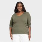 Women's Plus Size Long Sleeve V-neck Ribbed T-shirt - A New Day Olive Green