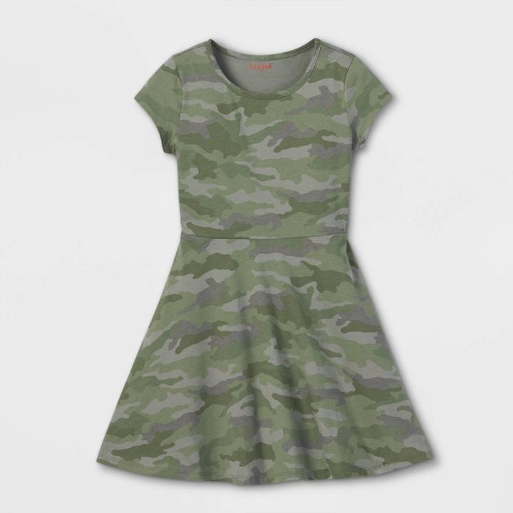 Girls' Camo Printed Short Sleeve Knit Dress - Cat & Jack Olive