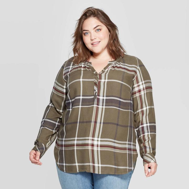 Women's Plus Size Plaid Long Sleeve V-neck Tunic Shirt - Universal Thread Green X