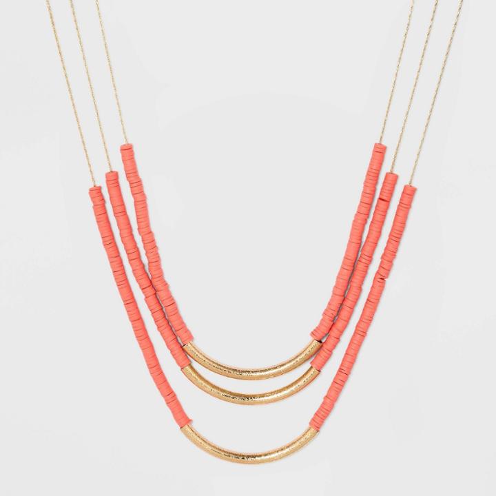 Coral And Gold Tubes And Beaded Three Layered Necklace - A New Day Coral, Pink