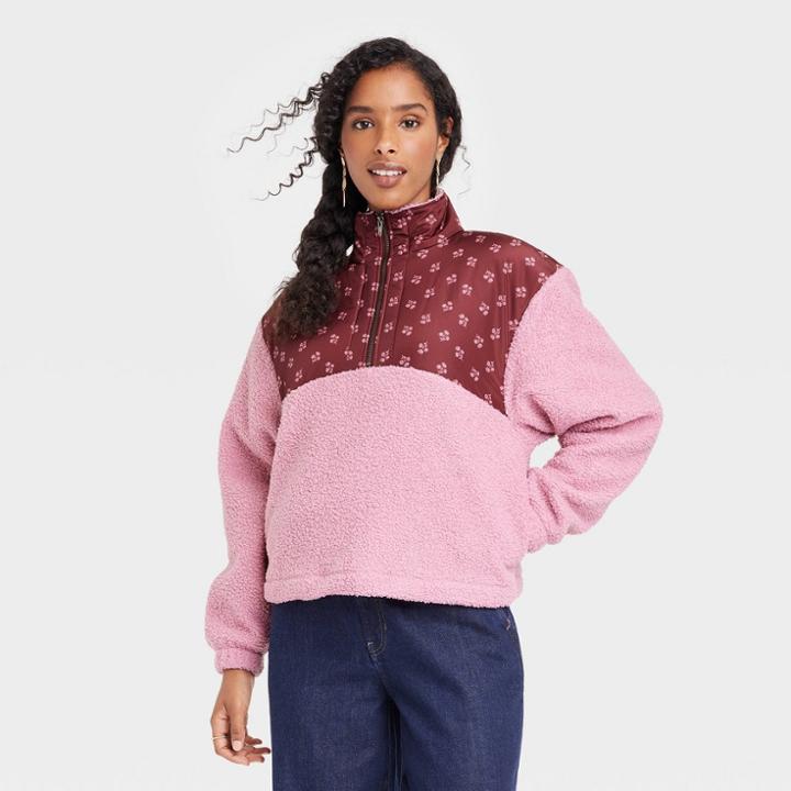 Women's Colorblock Quarter Zip Sherpa Sweatshirt - Universal Thread Pink