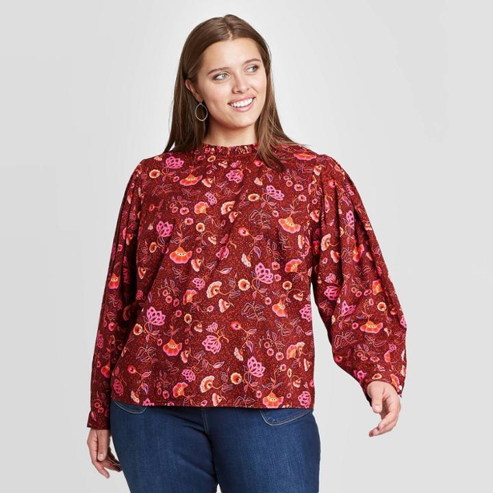 Women's Plus Size Floral Print Long Sleeve Blouse - Universal Thread Burgundy