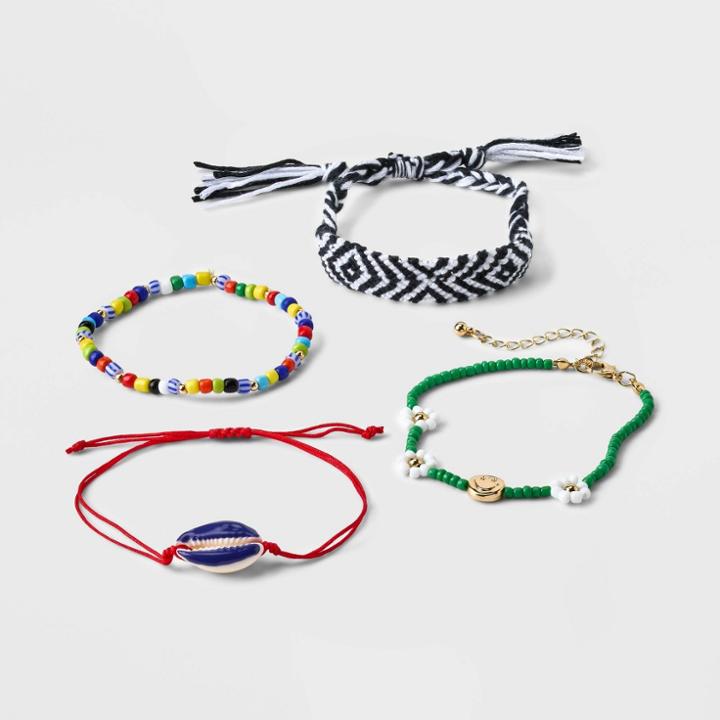 Mixed Beaded And Woven Beaded Bracelet Set 4pc - Wild Fable , Black/green/red