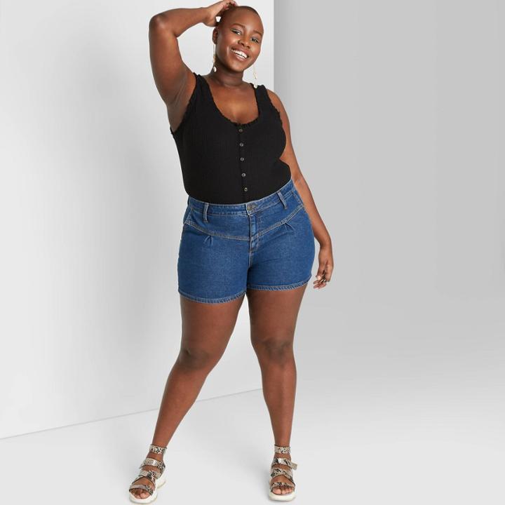 Women's Plus Size High-rise Yoke Front Jean Shorts - Wild Fable Medium Wash 14w, Women's, Blue