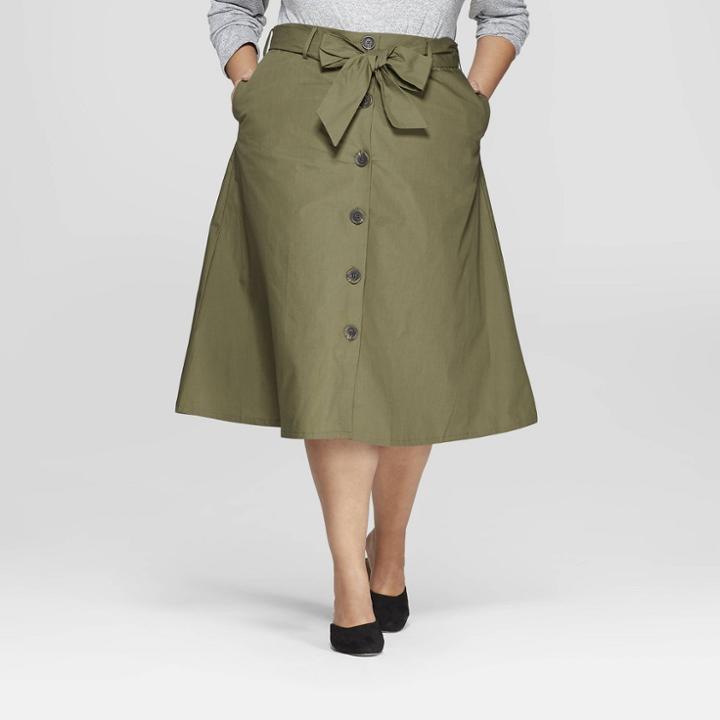 Women's Plus Size Midi Button Front Skirt - Ava & Viv Olive (green)