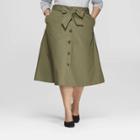 Women's Plus Size Midi Button Front Skirt - Ava & Viv Olive (green)