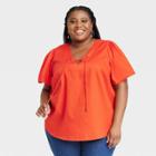 Women's Plus Size Short Sleeve Lace-up Top - Knox Rose Coral Orange