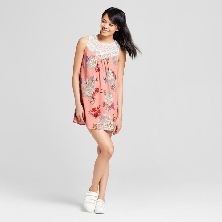 Women's Floral Print Lace Yoke Dress - Lily Star (juniors') Coral