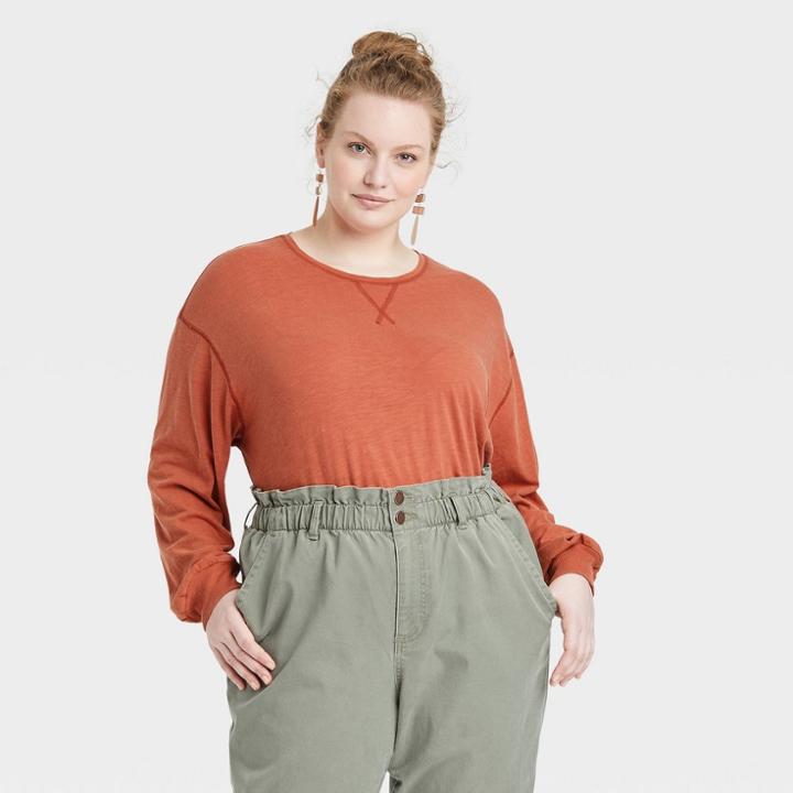 Women's Plus Size Long Sleeve Boxy T-shirt - Universal Thread Orange