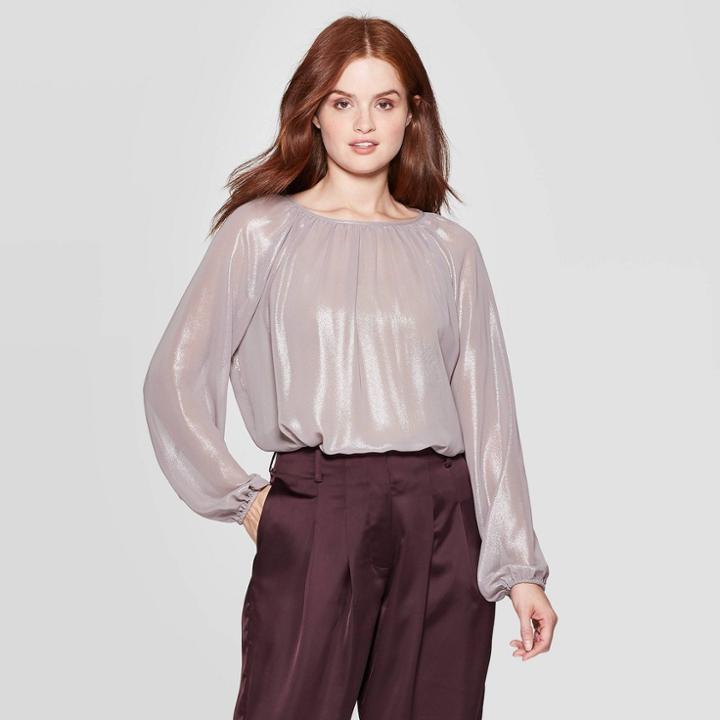 Women's Bishop Long Shirred Tie Crew Neck Blouse - Prologue Gray