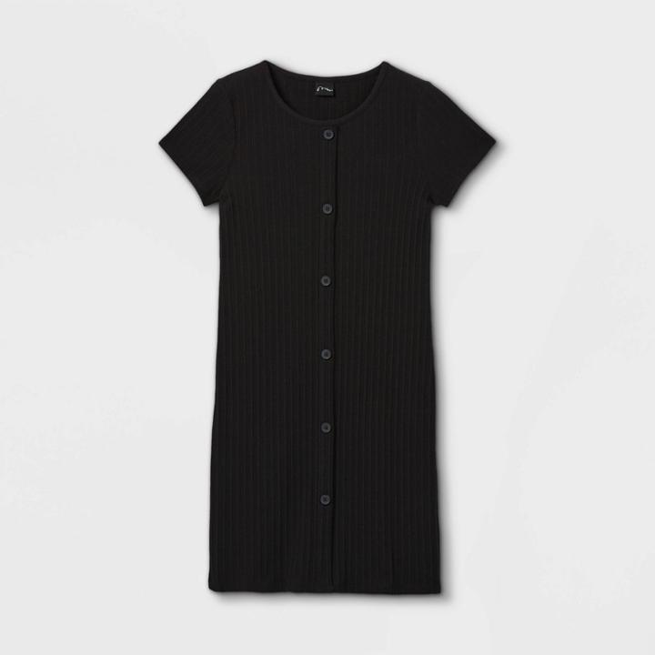 Girls' Button-front Short Sleeve Ribbed Dress - Art Class Black