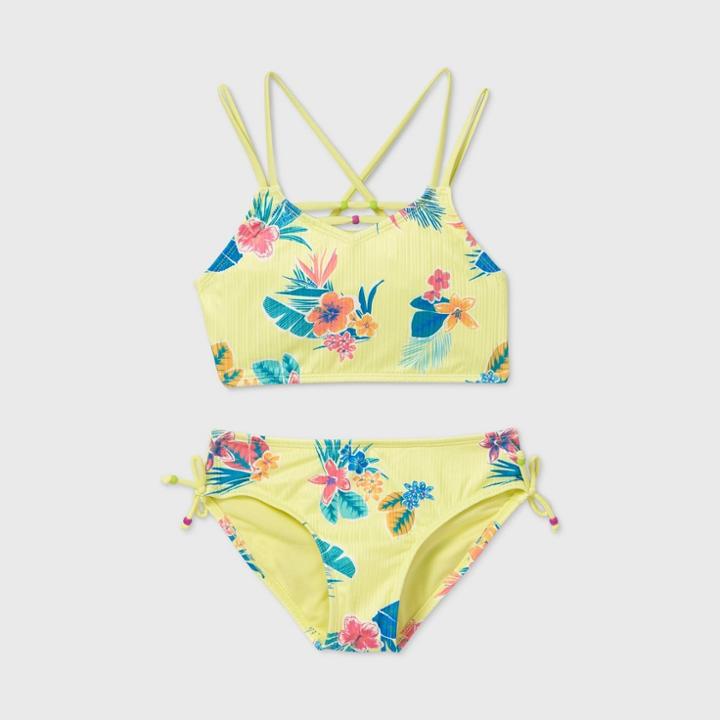 Girls' Floral Ribbed Bikini Swimsuit Set - Art Class Yellow