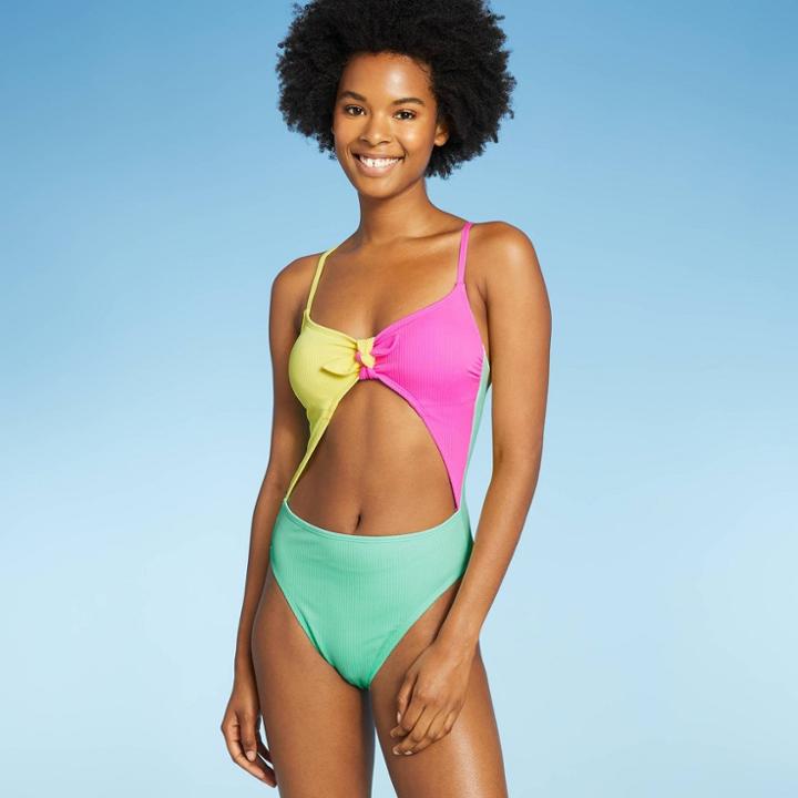 Juniors' Ribbed Colorblock Tie-front One Piece Swimsuit - Xhilaration Multi S,