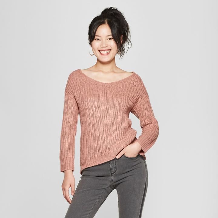 Women's Long Sleeve Lace-up Back Sweater - Love @ First Sight (juniors') Ash Rose