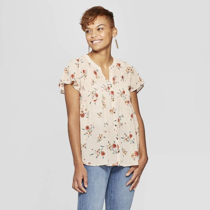 Women's Floral Print Short Sleeve Collared Top - Knox Rose Pink