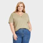 Women's Plus Size Short Sleeve Henley Tunic T-shirt - Knox Rose Khaki