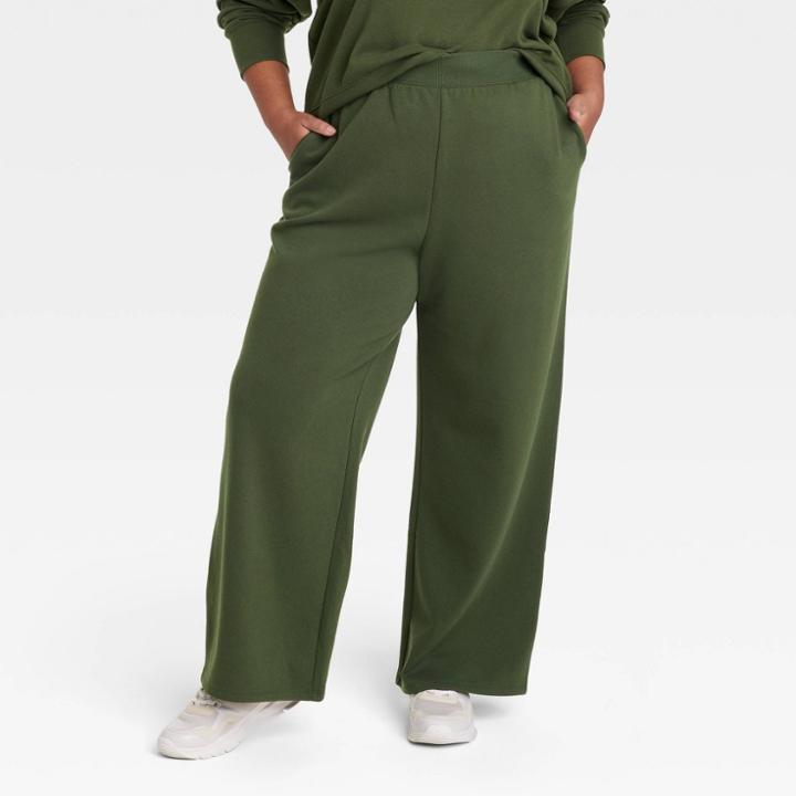 Women's Plus Size Wide Leg Fleece Sweatpants - Ava & Viv Dark Green X