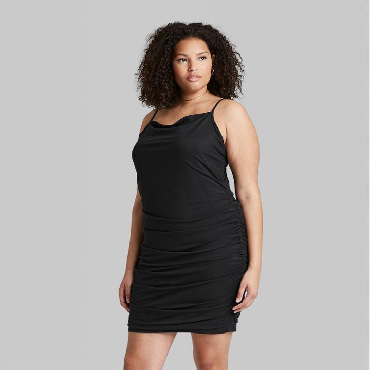 Women's Plus Size Sleeveless Ruched Side Mesh Overlay Bodycon Dress - Wild Fable Black