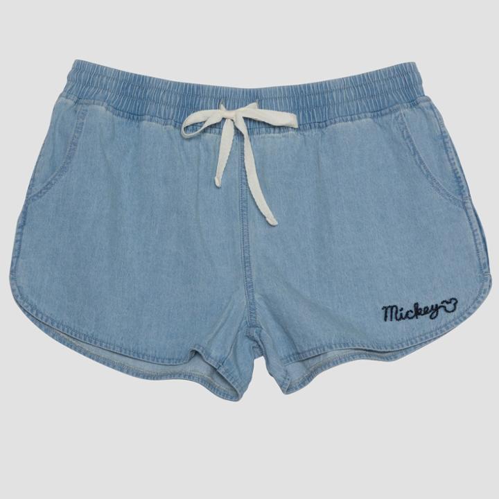 Junk Food Women's Plus Size Mickey Mouse Embroidered Tie-front Shorts - Blue