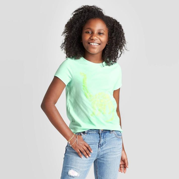 Petitegirls' Short Sleeve Dinosaur Graphic T-shirt - Cat & Jack Aqua Xs, Girl's, Green
