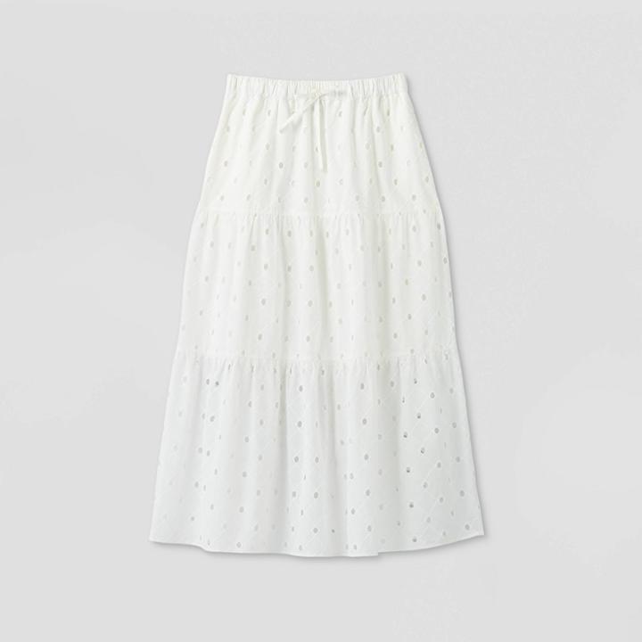 Women's Tiered Eyelet A-line Midi Skirt - A New Day Cream Xs, Women's, Ivory