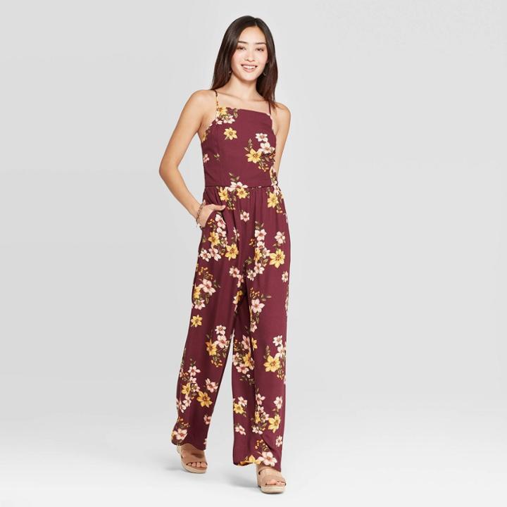 Women's Floral Print Square Neck Sleeveless Jumpsuit - Xhilaration Wine