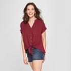 Women's Tie Front Short Sleeve Blouse - Universal Thread Burgundy (red)