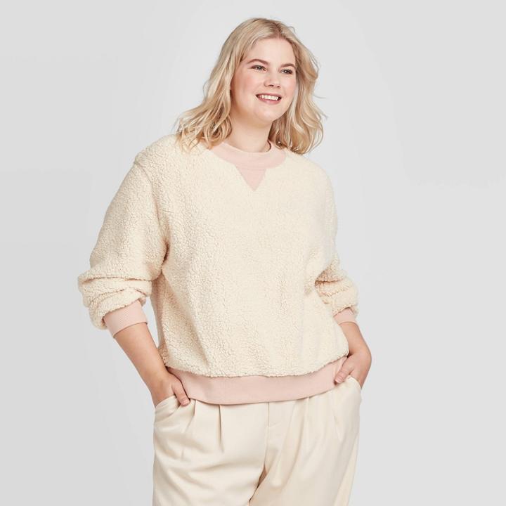 Women's Plus Size Boat Neck Blocked Sherpa Sweatshirt - Who What Wear Cream 1x, Women's, Size: