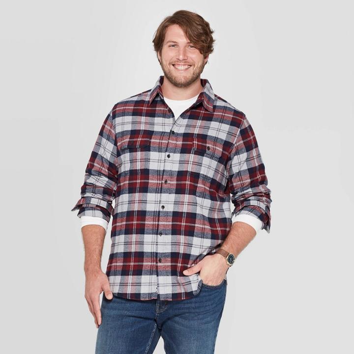 Men's Plaid Big & Tall Long Sleeve 2-pocket Flannel Button-down Shirt - Goodfellow & Co Burgundy Mist 2xb, Men's, Red Blue