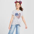 Miss Chievous Girls' Short Sleeve Graphic Shark Bite American Flag T-shirt - Gray