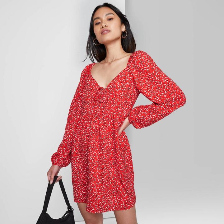Women's Long Sleeve Tie-front Muse Dress - Wild Fable Red Floral
