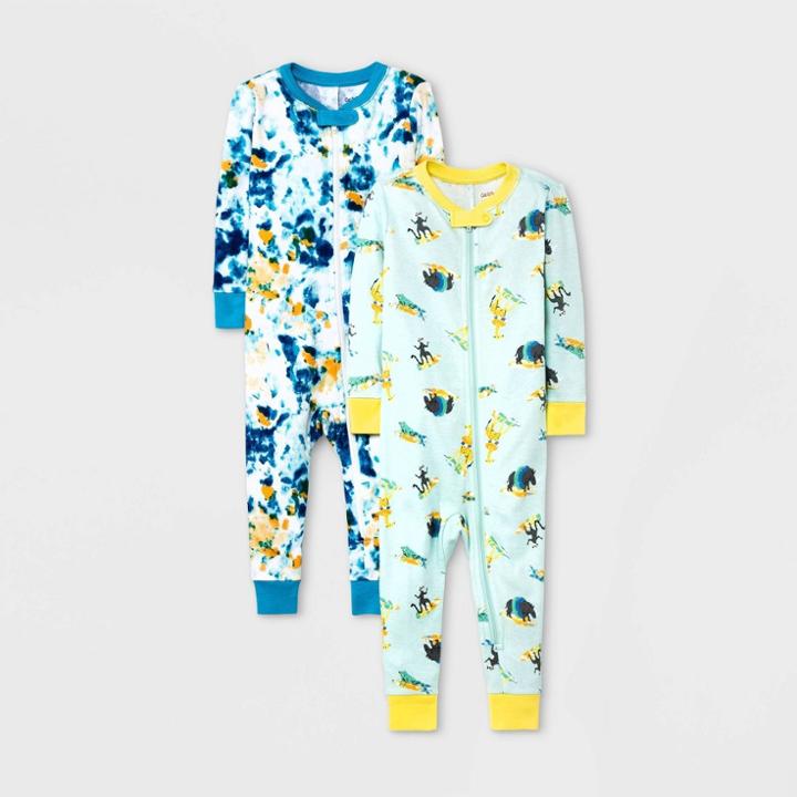 Baby Boys' 2pk Surfing Animal Pajama Romper - Cat & Jack 12m, Blue/black/yellow