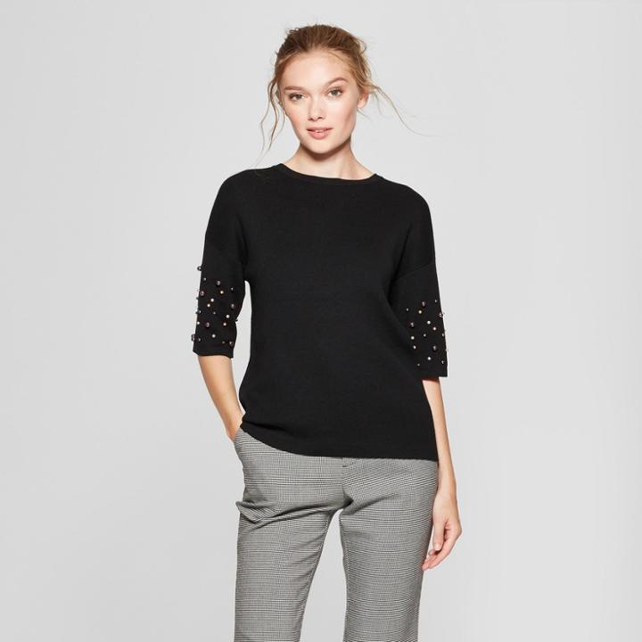 Women's Short Sleeve Pearl Embellished Pullover Sweater - A New Day Black