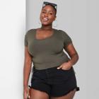 Women's Plus Size Short Sleeve Scoop Neck Side Cinched Baby T-shirt - Wild Fable Olive Green