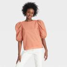 Women's Short Puff Sleeve Eyelet Top - A New Day Blush