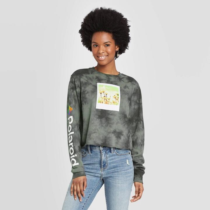 Women's Polaroid Photo Cropped Sweatshirt (juniors') - Gray