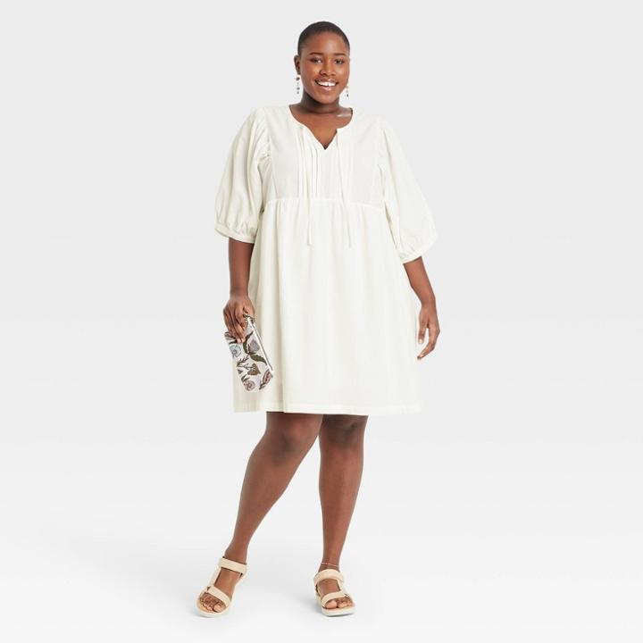 Women's Plus Size Puff Elbow Sleeve Babydoll Dress - Universal Thread White