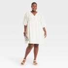 Women's Plus Size Puff Elbow Sleeve Babydoll Dress - Universal Thread White