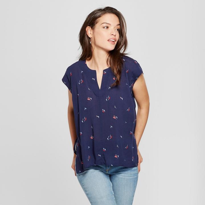 Women's Floral Print Cap Sleeve Top - Universal Thread Navy