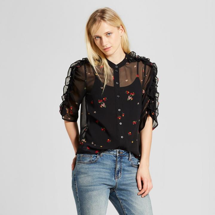Women's 3/4 Sleeve Lace Mix Ruffle Shoulder Top - Who What Wear Black Floral