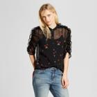 Women's 3/4 Sleeve Lace Mix Ruffle Shoulder Top - Who What Wear Black Floral