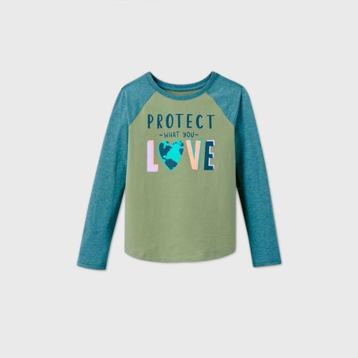 Girls' Long Sleeve 'protect What You Love' Graphic Baseball T-shirt - Cat & Jack Army Green/teal Xs, Green/green/blue