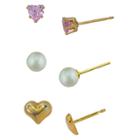 Target Girls' Gold Over Sterling Silver 3 Pr-pearl/pink Cz/heart Stud Earring