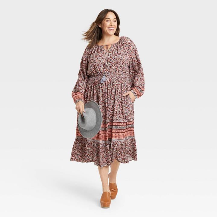 Women's Plus Size Long Sleeve Smocked Dress - Knox Rose Gray Floral