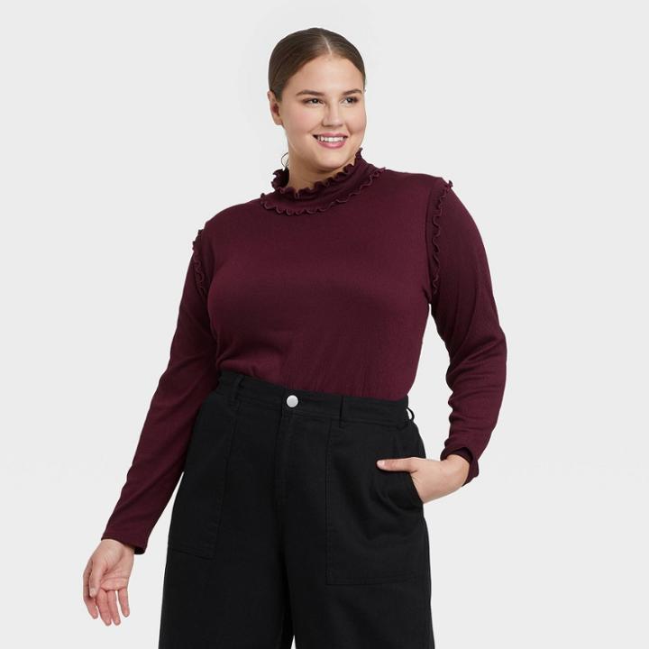 Women's Plus Size Ruffle Long Sleeve Top - Who What Wear Wine Red