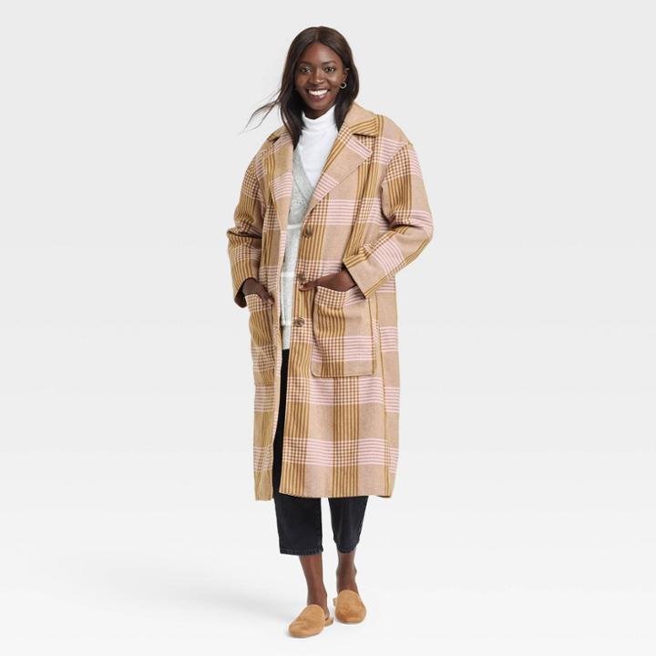 Women's Relaxed Fit Top Overcoat - A New Day Brown Plaid