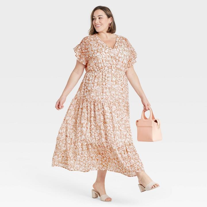 Women's Plus Size Floral Print Flutter Short Sleeve Chiffon Dress - Ava & Viv Cream X, Ivory