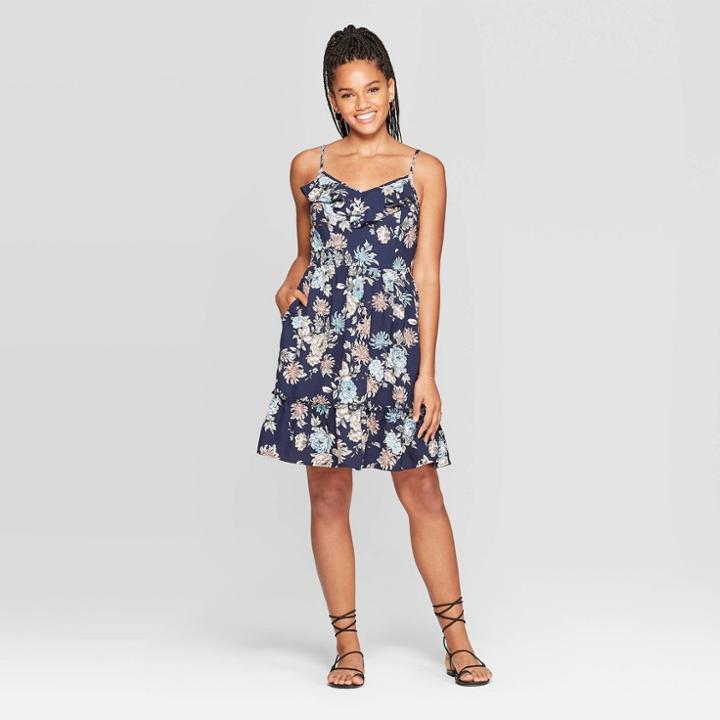 Women's Floral Print Sleeveless Deep V-neck Ruffle Front Mini Dress - Xhilaration Navy
